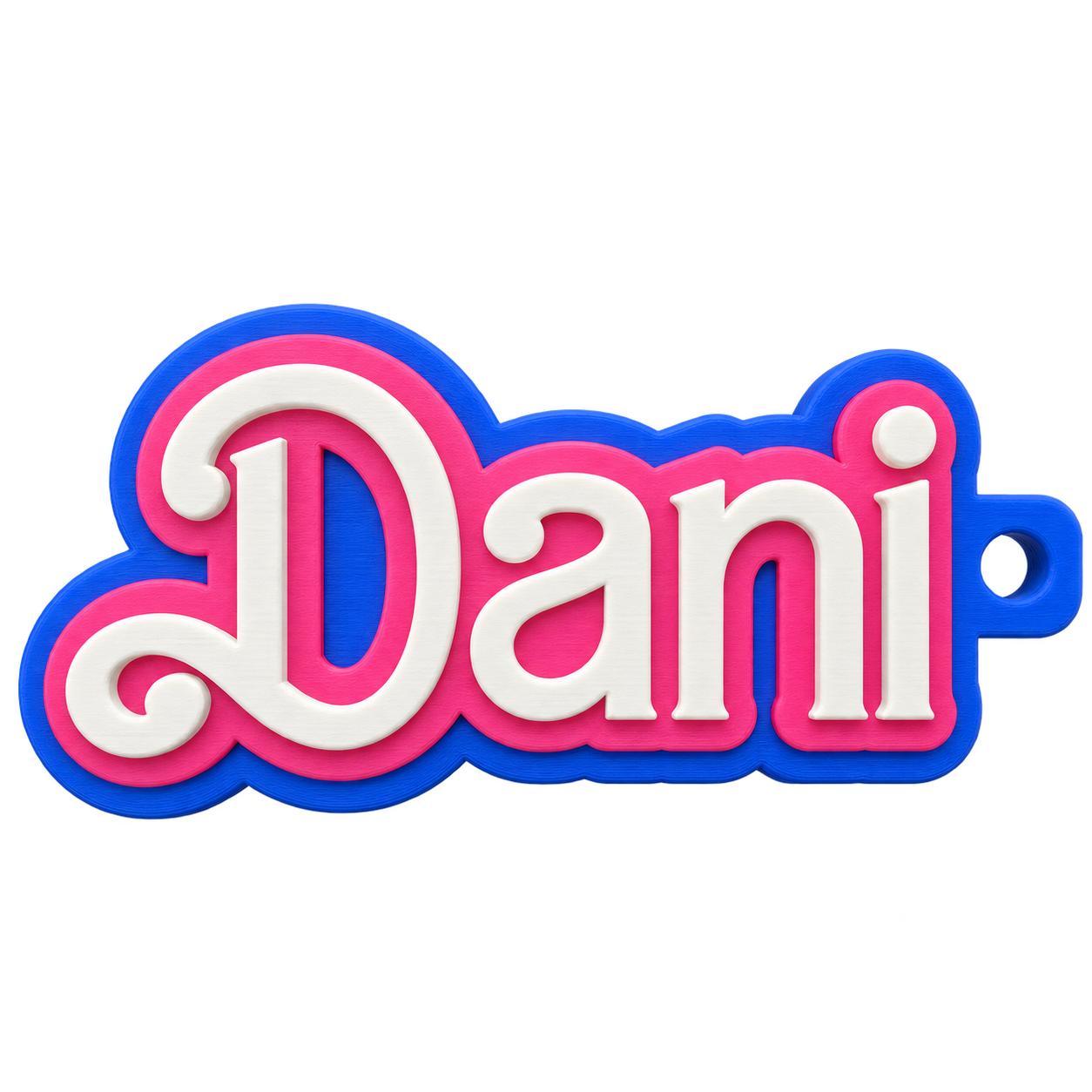 Dani name keyring with white lettering, a pink outline and a blue backing